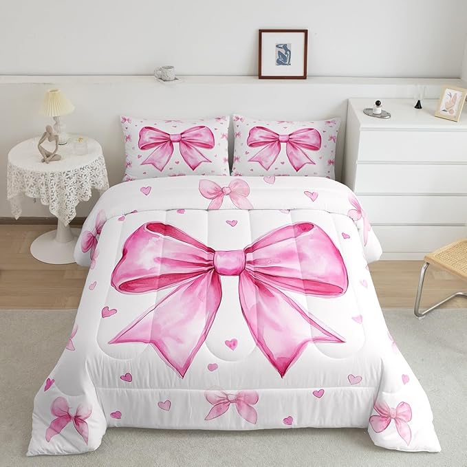 Erosebridal Girly Pink White Comforter Set Queen,Cute Bow Girls Bedding Set Dreamy Princess Bedding Comforter Sets for Kids Teen Women,Kawaii Bowknots Bow Tie Quilt Duvet 2 Pillow Cases
