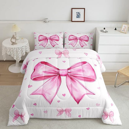 Erosebridal Girly Pink White Comforter Set Twin,Cute Bow Girls Bedding Set Dreamy Princess Bedding Comforter Sets for Kids Teen Women,Kawaii Bowknots Bow Tie Quilt Duvet 1 Pillow Case