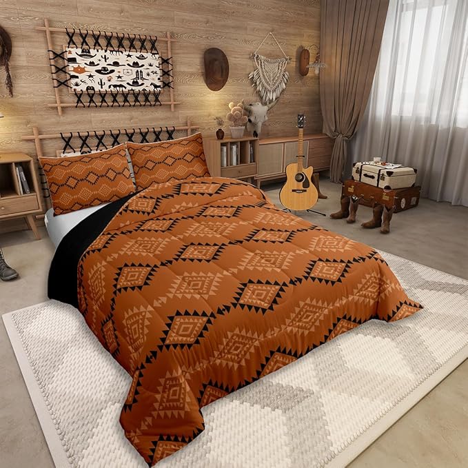 Erosebridal Queen Rustic Western Comforter Set for Boys, Southwestern Aztec Bedding Set for Teens Men Bedroom, Exotic American Native Bedding Comforter Sets Vintage Bohemian Geometric Quilt, Brown