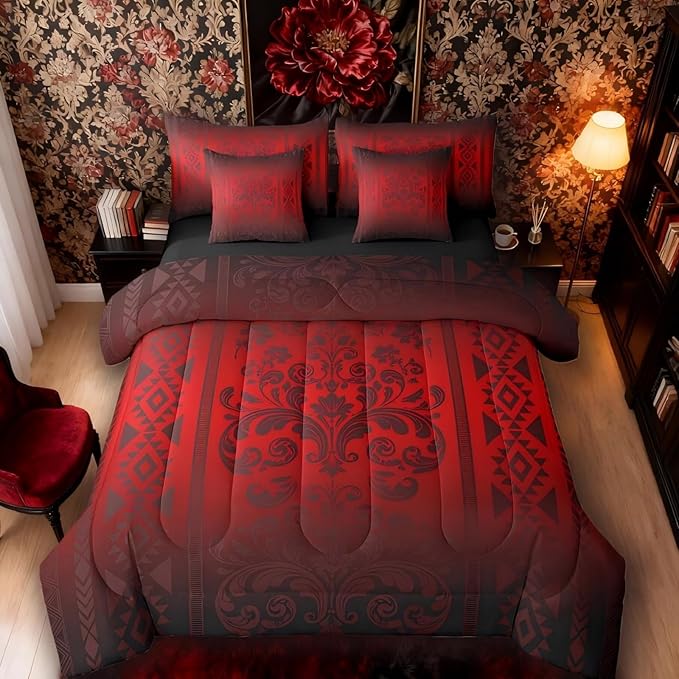 Comforter Set King Size, Flame Red Aztec Damask 7 Pcs Bedding for Kids and Adults, Western Bohemian Goth Floral Victorian Bed Sheet Sets with Fitted Sheet 2 Pillowcases & 2 Shams for Bedroom Bed Decor