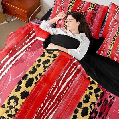 Erosebridal Stripe White Gold Red Leopard Print Women Comforter Set Queen Size 7 Pieces | Geometric Cheetah Fur Bed in A Bag Animal Skin Pattern Bed Set Men Adults Bedding