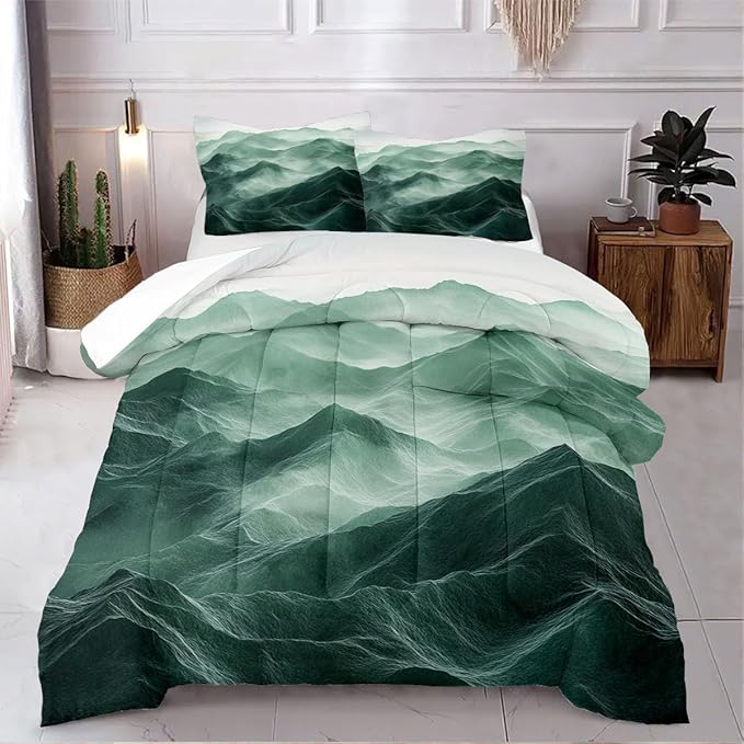 Emerald Green Comforter Set Queen Size Green Mountain Bedding Set for Kids Girls Boys 3 Pieces Nature Landscape Bedding Soft Lightweight Down Comforter with 2 Pillowcases
