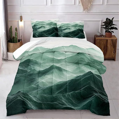 Emerald Green Comforter Set Queen Size Green Mountain Bedding Set for Kids Girls Boys 3 Pieces Nature Landscape Bedding Soft Lightweight Down Comforter with 2 Pillowcases