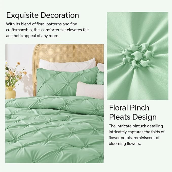BEDELITE Sage Green King Size Comforter Set - 3 Pieces Boho Pintuck Bedding Comforter Sets, Lightweight Soft & Warm King Bedding Set with 2 Pillowcases for All Season