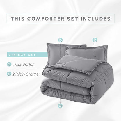 Elegant Comfort 3-Piece Box Stitched Down Alternative Comforter with Shams - Ultra Soft for All Season Duvet Insert with Corner Tabs, Plush Cozy 3PC Comforter Set, Twin XL, Gray