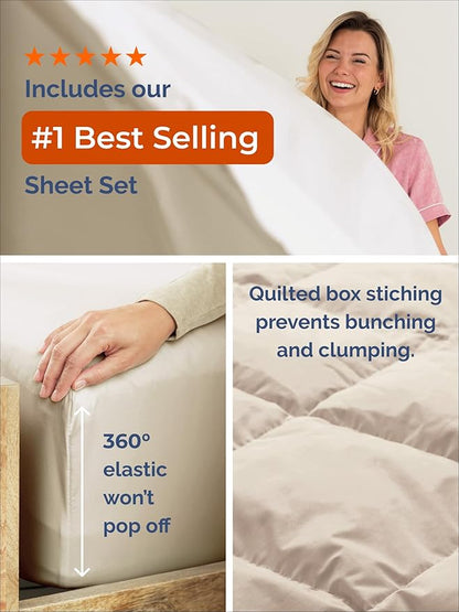 Queen Comforter Set - 3 Piece Bed Set for All Seasons - 1 Soft Quilted Comforter w/ Corner Tabs & 2 Pillow Shams - Comfy, Cozy & Breathable - Premium Down Duvet Insert - Oeko-TEX - Queen Size, Wheat