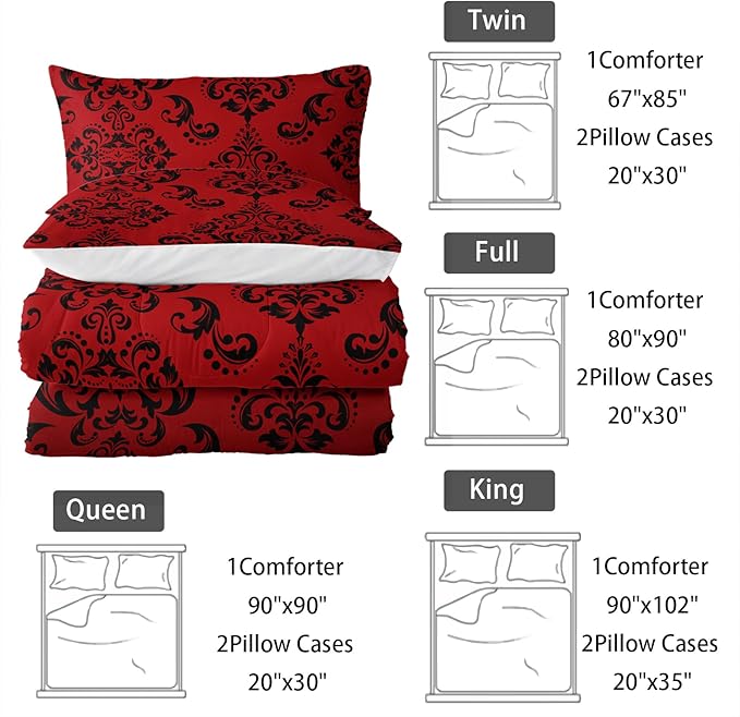 Red Gothic Floral Print Comforter Set Queen Size,Vintage Damask Floral Bedding Set,Bohemian Exotic Printed Quilted Set for Teens Adult,with 1 Comforter and 2 Pillow Case