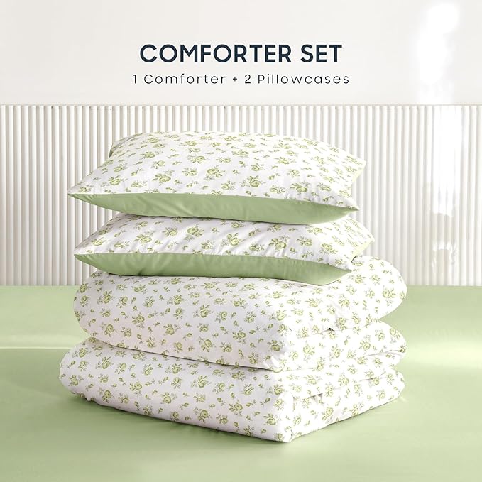 Wake In Cloud - Floral Comforter Set, Coquette Cottagecore Aesthetic Flower Shabby Chic Pattern for Women Teen Girls, Soft Lightweight Bedding, 3 Pieces, White Green, Twin/Twin XL Size