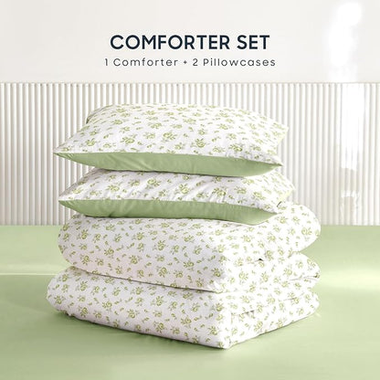 Wake In Cloud - Floral Comforter Set, Coquette Cottagecore Aesthetic Flower Shabby Chic Pattern for Women Teen Girls, Soft Lightweight Bedding, 3 Pieces, White Green, Twin/Twin XL Size