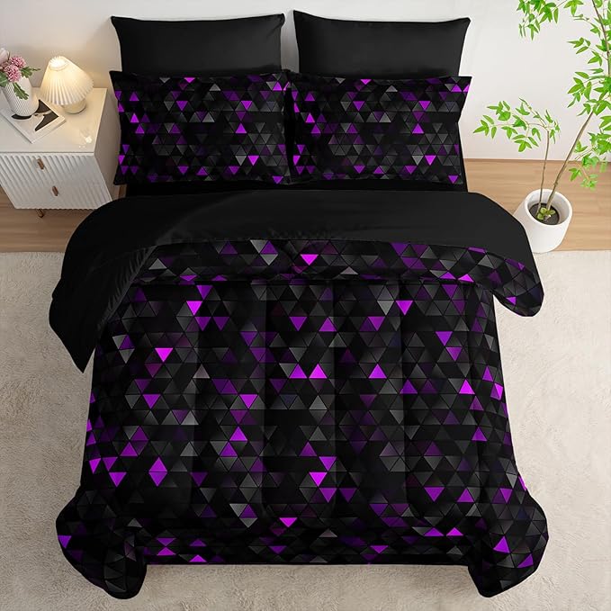 Geometric Violet Black Triangle Full Size Comforter Set,Light Honeycomb Bedding Set 7 Piece in A Bag,Bed Sheet Set Geometry Decor,Microfiber Lightweight All Season