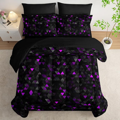 Geometric Violet Black Triangle Twin Size Comforter Set,Light Honeycomb Bedding Set 7 Piece in A Bag,Bed Sheet Set Geometry Decor,Microfiber Lightweight All Season