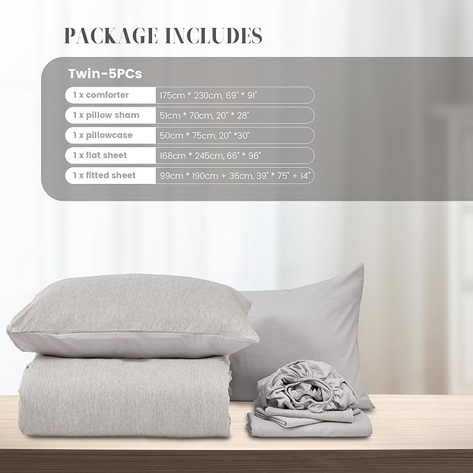 DECMAY Twin Comforter Set with Sheets, 5 Pieces Twin Comforter Set, Cationic Dyeing Bed in a Bag Bedding Set with Comforter, Flat Sheet, Fitted Sheet, Pillowcase and Pillow Sham (Twin, Grey) | twin comforter set, twin bedding set, twin bed set