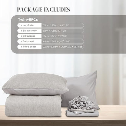 DECMAY Twin Comforter Set with Sheets, 5 Pieces Twin Comforter Set, Cationic Dyeing Bed in a Bag Bedding Set with Comforter, Flat Sheet, Fitted Sheet, Pillowcase and Pillow Sham (Twin, Grey) | twin comforter set, twin bedding set, twin bed set