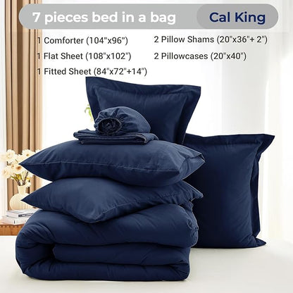 MUXHOMO 7 Pieces California King Comforter Set, Soft Bed in a Bag Cal King Size, All Season Bedding Set with Comforter, Flat Sheet, Fitted Sheet, Pillowcases & Shams, Navy Blue