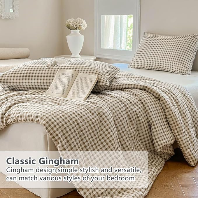 NSNLGSGC Tan Gingham Cotton Comforter Set Queen, 100% Washed Cotton Taupe Plaid Checked Comforter Bedding, 3 Pieces Vintage Farmhouse Grid Bedding Set(Tan Gingham, Queen)