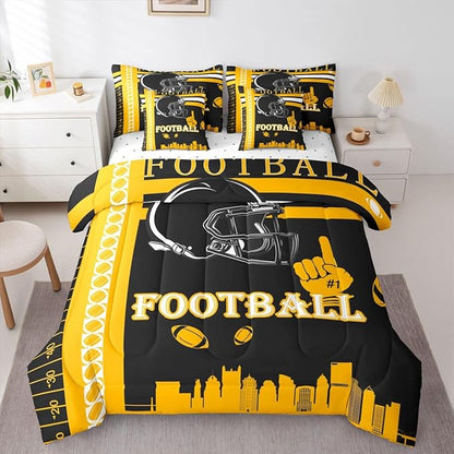 Feelyou Football 7 Pieces Comforter Sets Full Size Bedding Set for Boys Kids Teen Sports Theme Football City Bed in a Bag with Comforter, Sheets, Pillowcases & Cushion Cover