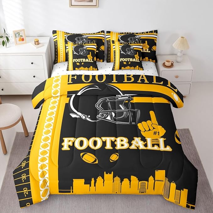 Feelyou Football 7 Pieces Comforter Sets Queen Size Bedding Set for Boys Kids Teen Sports Theme Football City Bed in a Bag with Comforter, Sheets, Pillowcases & Cushion Cover