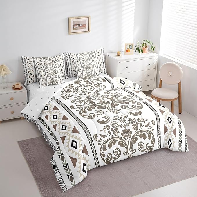Comforter Set Full Size, Olive Brown Damask Aztec 7 Pcs Bedding for Kids and Adults, Antique Decor Western Baroque Gothic Bed Sheet Sets with Fitted Sheet 2 Pillowcases & 2 Shams for Bedroom Bed Decor