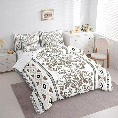Comforter Set King Size, Olive Brown Damask Aztec 7 Pcs Bedding for Kids and Adults, Antique Decor Western Baroque Gothic Bed Sheet Sets with Fitted Sheet 2 Pillowcases & 2 Shams for Bedroom Bed Decor