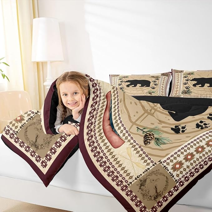 Erosebridal Black Bear Queen Comforter Set - Rustic Cabin Decor Bedding with Tribal Wild Animals, Western Swirls, Paw Print - Quilted Down Comforter for Exotic Nordic Style Bedroom Decor