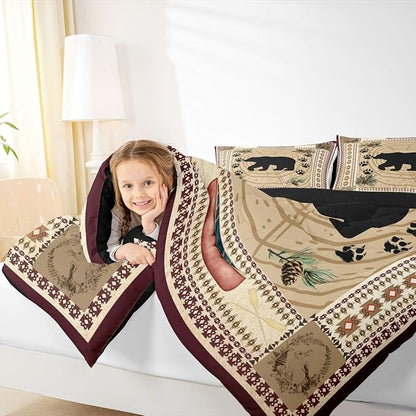 Erosebridal Rustic Cabin Decor Bed Set - Twin Size Tribal Bear Comforter with Swirls and Bear Paw Print Quilt - Exotic Nordic Style