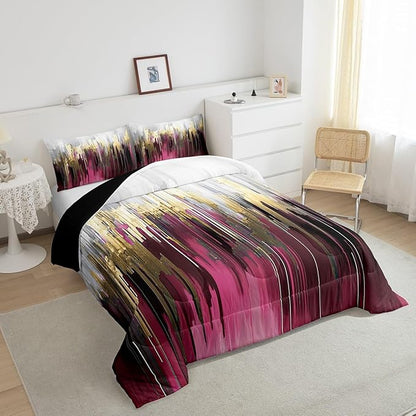 Hot Pink Purple Bedding Set King Abstract Watercolor Comforter Set, Gradient Stripe Duvet Insert Chic Vintage Aesthetic Quilt Sets, Graffiti Oil Painting Modern Bedding Comforters & Sets for Kids Teen