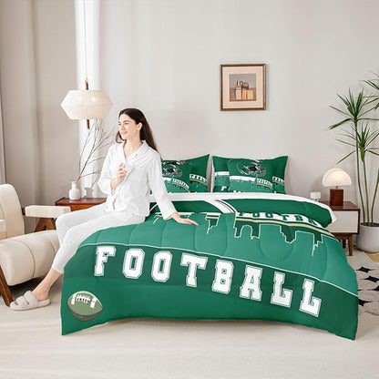 Erosebridal Football 7 Pcs Comforter Set Twin Football City Bedding for Men Boys Green Football Fans Sheet Set Bed in A Bag Rugby Game Room Decor Sports Ball Competition Quilt