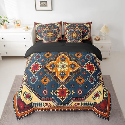 Erosebridal Vintage Bed in a Bag Art Deco Bedding Set, Black Oriental Medallion Queen Comforter Set 7-Piece Himalayas Bohemian Bedding Comforter Sets, Boho Turkish Bed Sheets Set Lightweight Soft