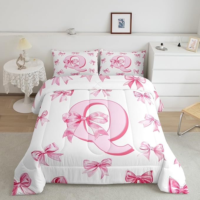 Erosebridal Pink Dreamy Princess Style Toddler Bedding Set for Kids Girls Teen,Initial Letter Q Comforter Set Cute Kawaii Bowknot Bedding Comforter Sets Romantic Watercolor Bow Quilt Duvet