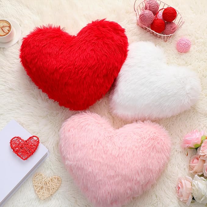 Bucherry 3 Pcs Valentine's Day Heart Throw Pillows, Red White Pink Heart Pillow Soft Decorative Back Cushion for Girls Women Bed Sofa Valentines Wedding Gifts Home Decor(Fluffy Plush,Without Ruffed)