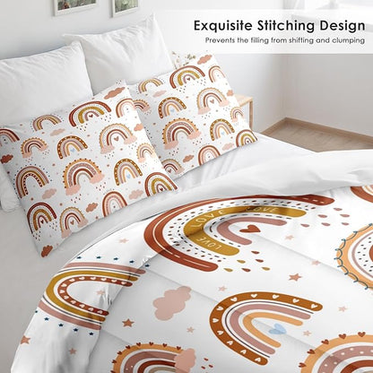 Comforter Set King Size, Boho Rainbow Pink Soft 3 Pcs Bedding for Kids and Adults, Love Colorful Nursery Comforter Set with 2 Pillowcases, for Bedroom Bed Decor