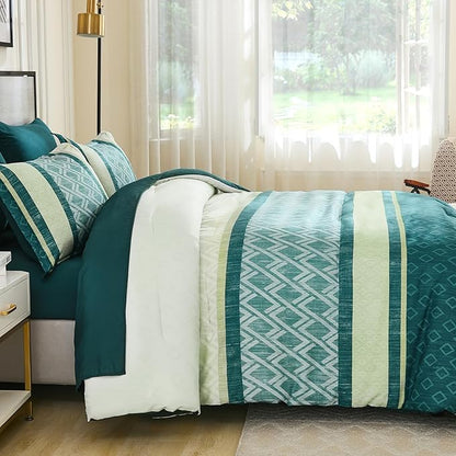 Cottolester Green Comforter Set Queen Size,Boho Striped Bed in a Bag,Spring Summer Plaid Comforter and Sheet Set, Soft Microfiber Complete Bedding Sets