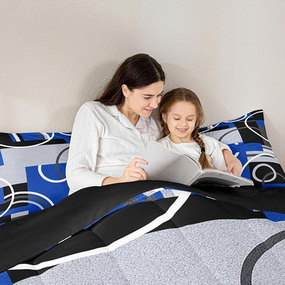 Royal Blue Black Grey Bedding Sets Queen Swirls Spiral Comforter Set Abstract Gromment Stripes Quilt Bedroom Decor Geometric Plaid Bedding Modern Graphic Artwork Quilted Comforter All Season