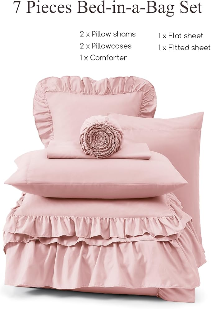 King Size Comforter Set Soft Pink, Ruffle Shabby Chic Bedding Set Farmhouse 7 Pieces, All Season Fluffy Bed in a Bag with Sheets, Pillowcases & Shams