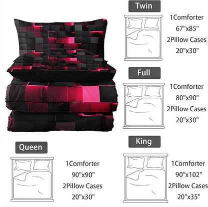 Neon Pink Black Comforter Set Full Geometric Kids Bedding Set,3 PCS Geometry Honeycomb Bed Set Modern Quilt Set 1 Comforter 2 Pillow Cases Cool Room Decor All Season B-Side Black