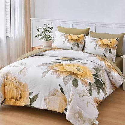 Dobuyly Yellow King Size Comforter Set 7 Piece Bed in a Bag, Yellow Floral Comforter Set with Sheets, Soft Microfiber Botanical Complete Bedding Set for All Season