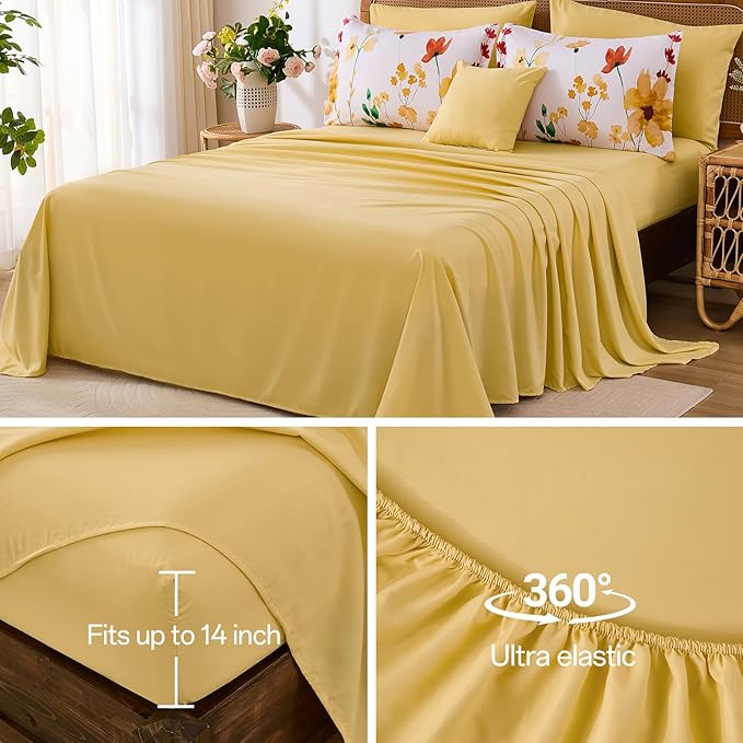 Annibedding Floral Queen Size Comforter Set, 8 Pieces Yellow Flower Botanical Soft Microfiber Bed in a Bag Bedding Set with Pillowcase Sheet for All Season (90"x90")