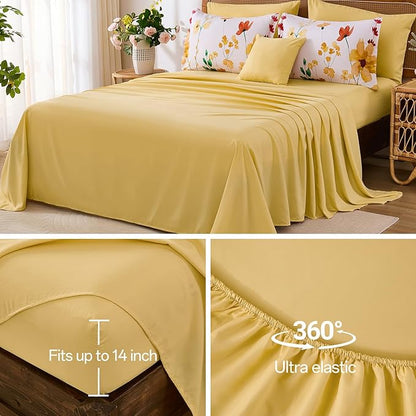 Annibedding Floral Queen Size Comforter Set, 8 Pieces Yellow Flower Botanical Soft Microfiber Bed in a Bag Bedding Set with Pillowcase Sheet for All Season (90"x90")
