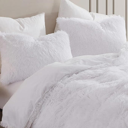 Twin Size Luxury Faux Fur Comforter Set - Soft & Breathable 5-Piece Bedding Collection - 1 Comforter, 1 Fitted Sheet, 1 Flat, 1 Pillowcase, 1 Pillow Sham - Deep Pocket - Premium Quality, White
