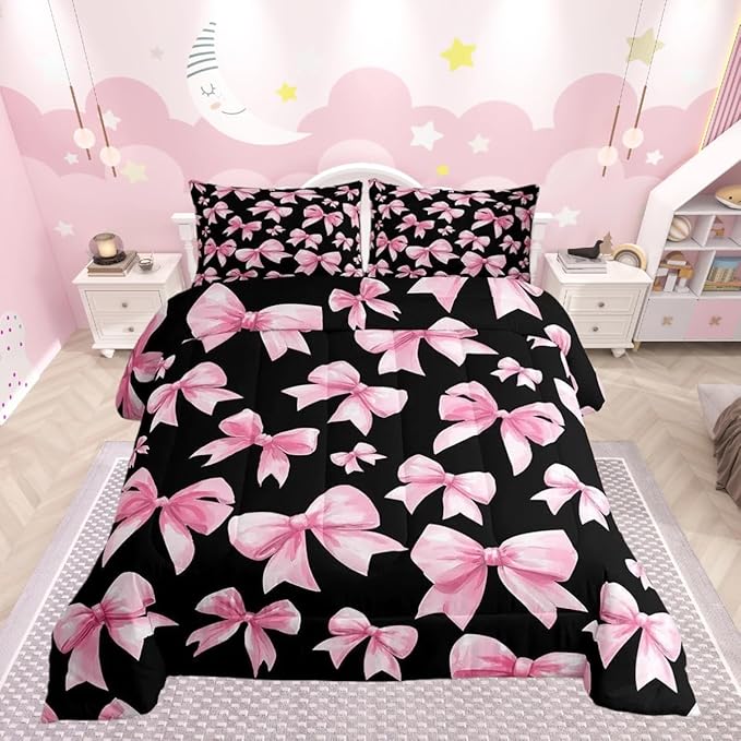 Feelyou Pink Bow Comforter Set All Season Cute Bowknot Bedding Set with 1 Pillow Cases Kawaii Black Pink Kids Toddler Bedclothes Princess Decor Bedroom Decor Duvet Quilt Breathable Soft Lightweight
