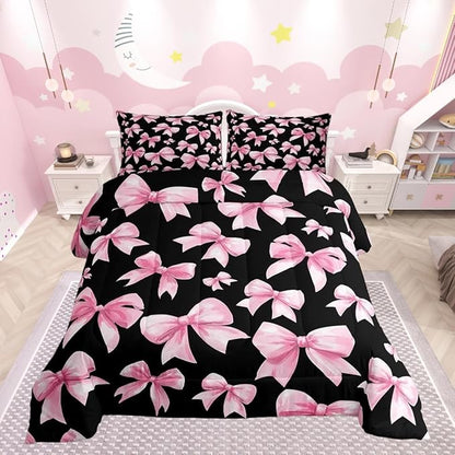 Feelyou Pink Bow Comforter Set All Season Cute Bowknot Bedding Set with 2 Pillow Cases Kawaii Black Pink Kids Queen Bedclothes Princess Decor Bedroom Decor Duvet Quilt Breathable Soft Lightweight