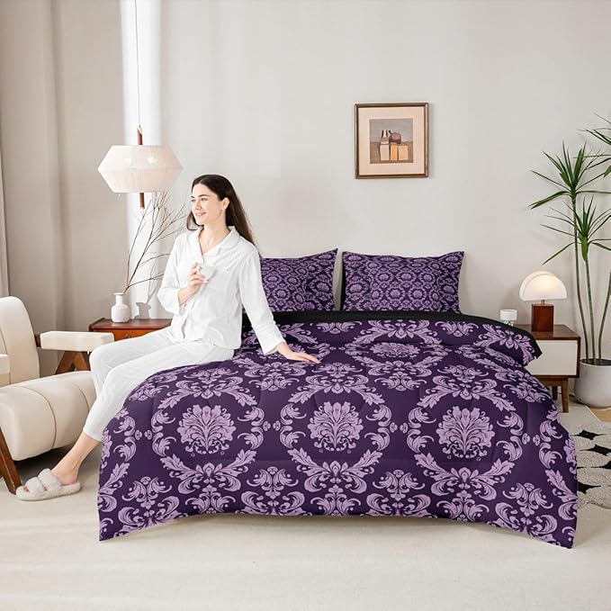 Erosebridal Black and Purple Damask King Size Comforter Set with Sheets | Antique Decor Gothic Vintage Floral 7 Piece Bedding Set Goth Victorian Bed in a Bag, Luxury Bohemian Room Decor