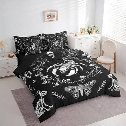 Scorpion Comforter Set 7 Pieces,Gothic Reptile Animals Exotic Style Bed Sets,Boho Flowers Butterfly Bedding Soft Microfiber,Queen(1 Comforter,2 Pillowcase,2 Pillow Covers,1 Flat Sheet,1 Fitted Sheet)
