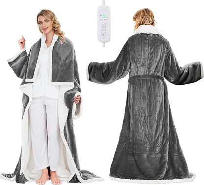 Portable Heated Blanket - Wearable Heated Blanket Throw with Foot Pockets, Sleeves Flannel Sherpa Wearable Blanket 8 Heating Levels & Timer Snuggle Blankets for Home Office - Heated Robe 50*70"