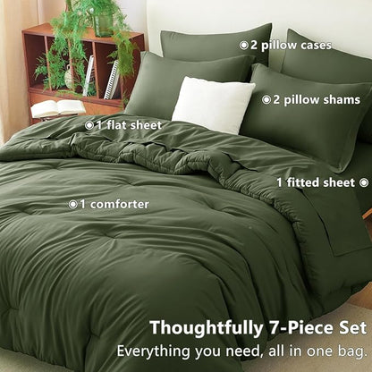 CozyLux King Size Comforter Set Olive Green, 7 Pieces Bed in a Bag King Comforter Set with Sheets, Bedding Set with Down Alternative Comforter, Fitted Sheets, Flat Sheets, Pillow Shams and Pillowcases
