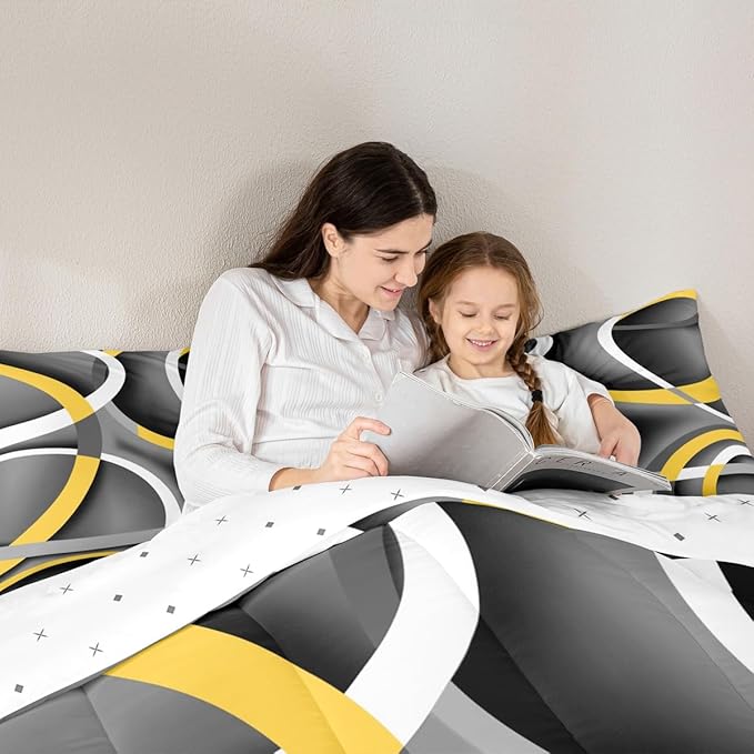 Castle Fairy Retro Circle Comforter Set Queen Size Yellow Gray Black Bedding Set for Kids Boys Girls Bedroom Decoration Stripe Line Art Bed Duvet Insert Geometric Modern Comforter with 2 Pillowcase