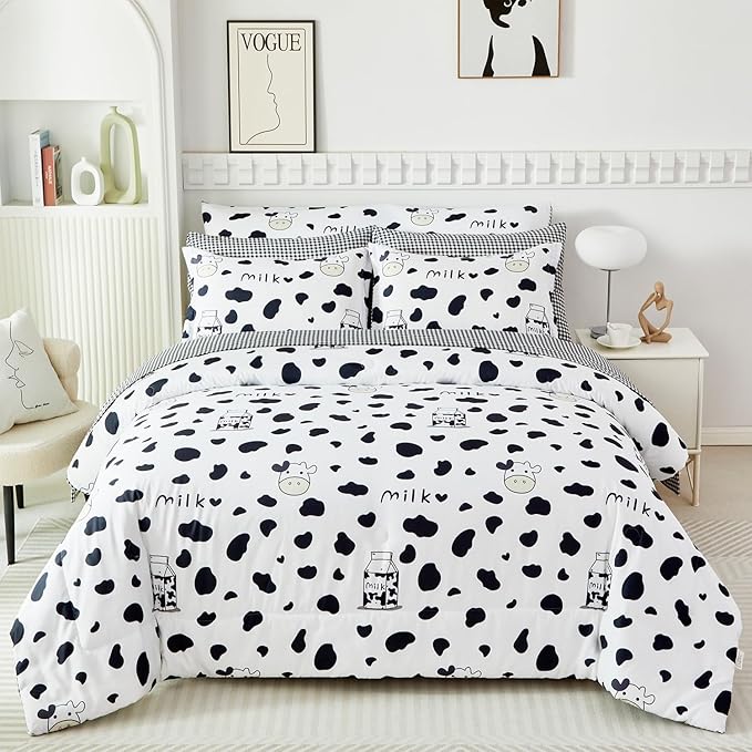 SUCSES Full Size Comforter Set with Sheets 8 Piece Cow Print Bedding Set for Boys Girls Black and White Kids Bed-in-A-Bag Farmhouse Rustic Bed Set for Bedroom (Milk Cow, Full)
