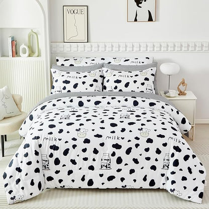 SUCSES Full Size Comforter Set with Sheets 8 Piece Cow Print Bedding Set for Boys Girls Black and White Kids Bed-in-A-Bag Farmhouse Rustic Bed Set for Bedroom (Milk Cow, Full)
