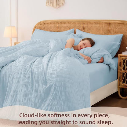 FUANNA Queen Comforter Set 7 Pieces, Luxury Seersucker Bed in a Bag Queen Size for All Seasons, Soft Bedding Set with Comforter, Flat Sheet, Fitted Sheet, Pillowcases & Shams for Bedroom, Light Blue