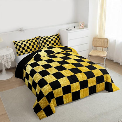 Feelyou Checkered Retro Kids Comforter Set Toddler Size Golden Black Plaid Bedding Set Geometric Vintage Duvet Quilt for Kids Boys Girls Bedroom Modern Simple Groovy Aesthetic Decor